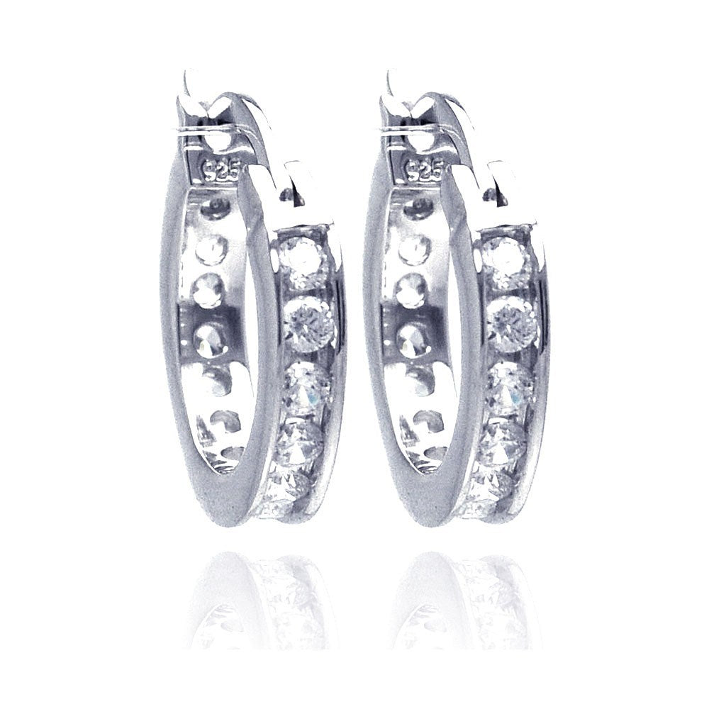 Sterling Silver Rhodium Plated Channel Huggie Earrings With Clear CZ Stones