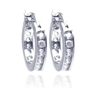 Sterling Silver Rhodium Plated Channel Huggie Earrings With Clear CZ Stones