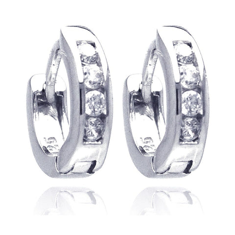 Sterling Silver Rhodium Plated Channel Clear CZ Huggie Earrings