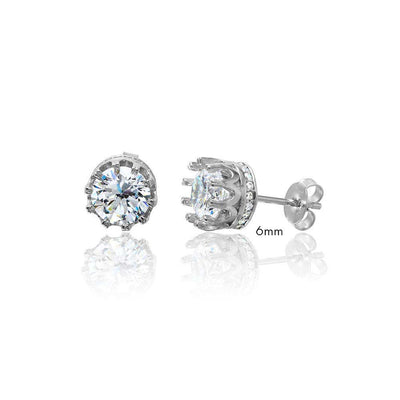 Sterling Silver Rhodium Plated Round Crown Basket Clear CZ Stud 6mm Earrings