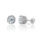 Sterling Silver Rhodium Plated Round Crown Basket Clear CZ Stud 7mm Earrings