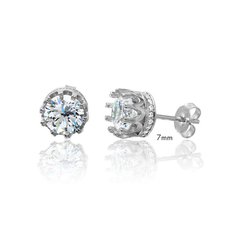 Sterling Silver Rhodium Plated Round Crown Basket Clear CZ Stud 7mm Earrings