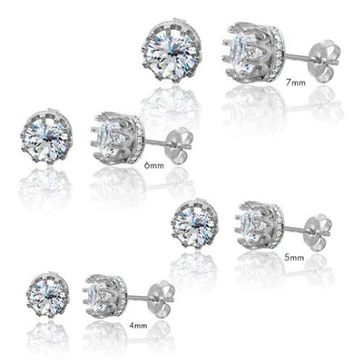 Sterling Silver Rhodium Plated Round Crown Basket Clear CZ Stud 4mm Earrings