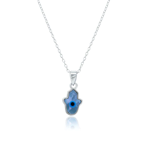 Sterling Silver Rhodium Plated Hamsa Evil Eye Mother Of Pearl Necklace