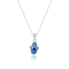 Sterling Silver Rhodium Plated Hamsa Evil Eye Mother Of Pearl Necklace