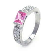 Load image into Gallery viewer, Sterling Silver Rhodium Plated Rectangular Center Pave Pink And CZ Ring