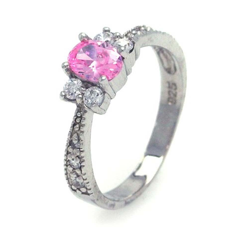 Sterling Silver Rhodium Plated Pink Oval Center Pave CZ Engagement Ring