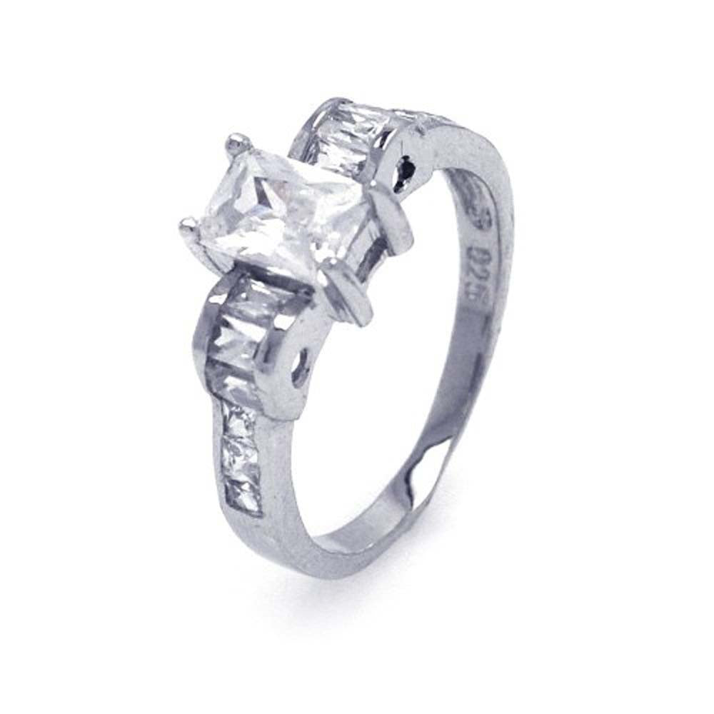 Sterling Silver Rhodium Plated Rectangular Center Clear CZ Engagement Ring