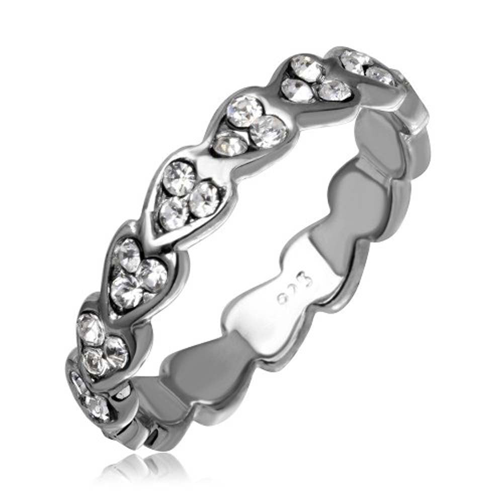 Sterling Silver Rhodium Plated Mini Heart Shaped Eternity Ring With CZ Stones