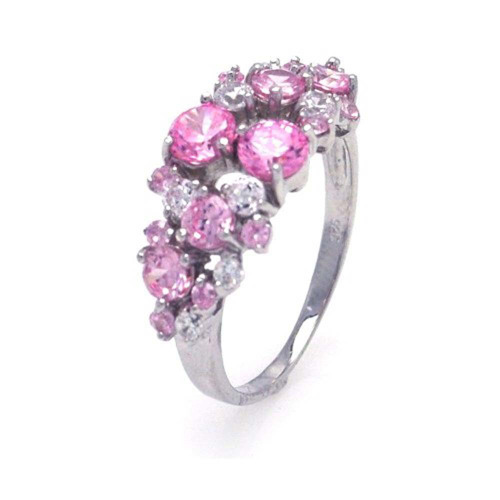 Sterling Silver Rhodium Plated Multi Shaped Pink CZ Ring