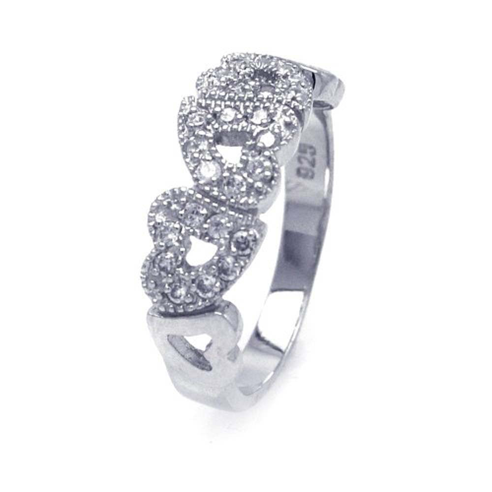 Sterling Silver Rhodium Plated Multiple Hearts Shaped Rings With CZ Stones