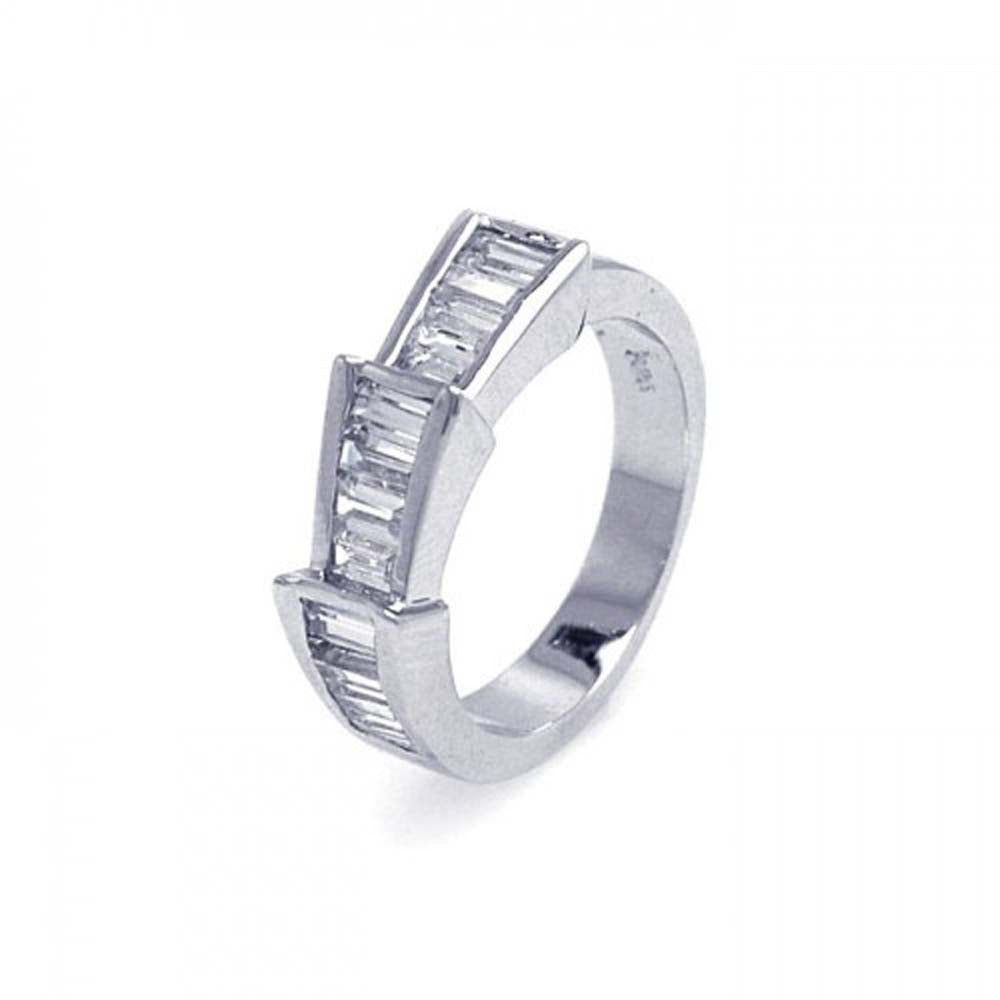 Sterling Silver Nickel Free Rhodium Plated Steps Shaped Ring With Cz Stones