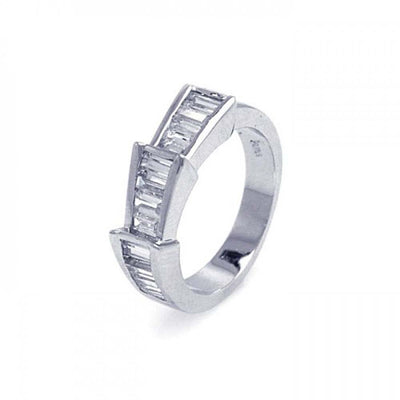 Sterling Silver Nickel Free Rhodium Plated Steps Shaped Ring With Cz Stones