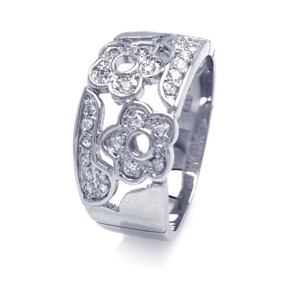 Sterling Silver Rhodium Plated Pave Flower Shaped Ring With CZ Stones