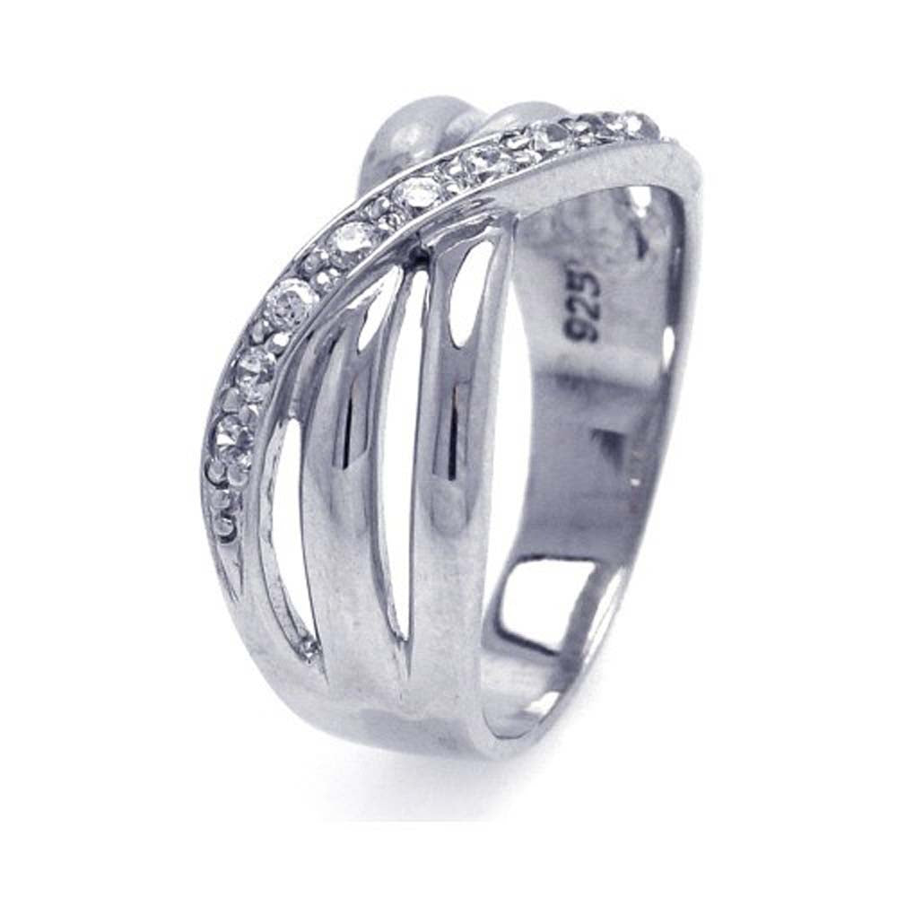 Sterling Silver Rhodium Plated Overlap Shaped Ladies Ring With CZ Stones