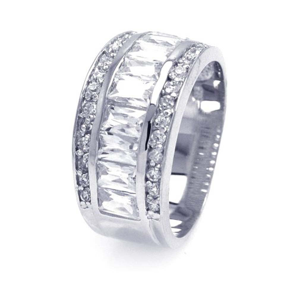 Sterling Silver Rhodium Plated Half Channel Clear Baguette Round CZ Ring