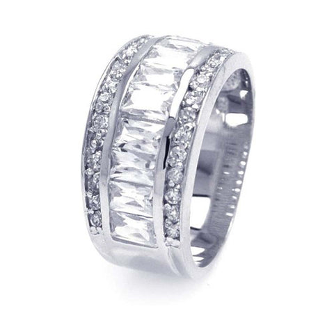 Sterling Silver Rhodium Plated Half Channel Clear Baguette Round CZ Ring