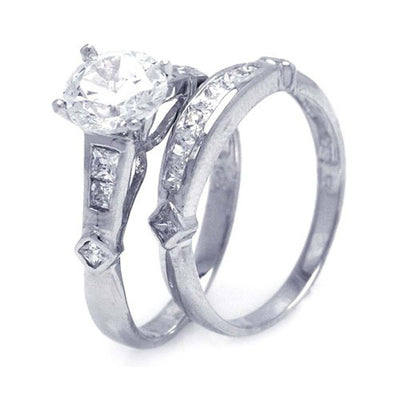 Sterling Silver Rhodium Plated Clear CZ Bridal Wedding Ring Set
