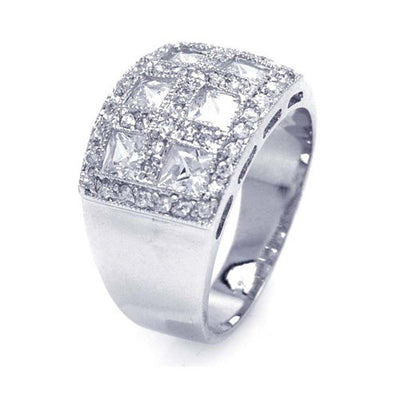 Sterling Silver Rhodium Plated Clear Square Pave CZ Cigar Band Bling Ring