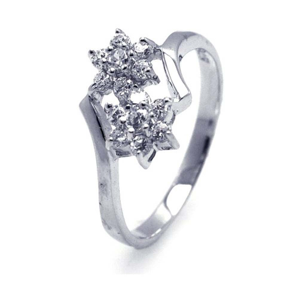 Sterling Silver Rhodium Plated Double Flowers Shaped Rings With CZ Stones