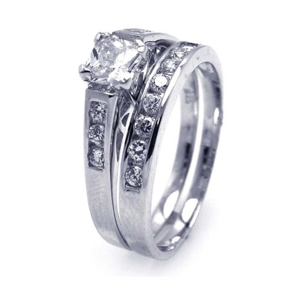 Sterling Silver Rhodium Plated CZ Bridal Engagement Ring Set