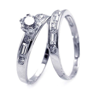 Sterling Silver Rhodium Plated Clear Round and Marquise CZ Engagement Bridal Ring Set