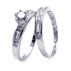 Sterling Silver Rhodium Plated Clear Round and Marquise CZ Engagement Bridal Ring Set