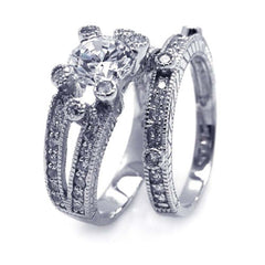 Sterling Silver Rhodium Plated Pave CZ Ornate Wedding Ring Set