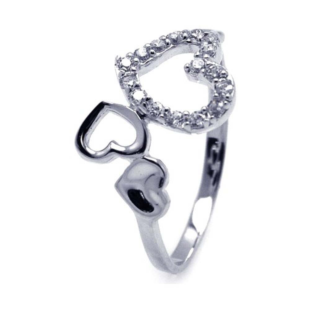Sterling Silver Rhodium Plated Triple Heart Shaped Ring With CZ Stones