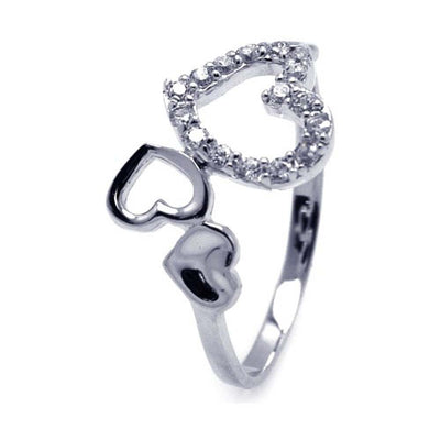 Sterling Silver Rhodium Plated Triple Heart Shaped Ring With CZ Stones