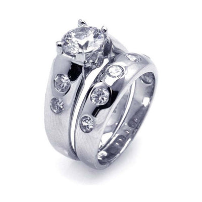 Sterling Silver Rhodium Plated Round Clear CZ Engagement Ring Set