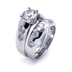 Sterling Silver Rhodium Plated Round Clear CZ Engagement Ring Set