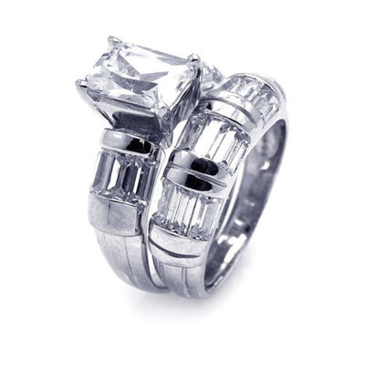 Sterling Silver Rhodium Plated Clear Rectangular Center Baguette CZ Engagement Ring Set