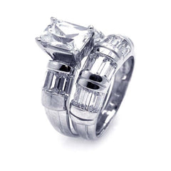 Sterling Silver Rhodium Plated Clear Rectangular Center Baguette CZ Engagement Ring Set