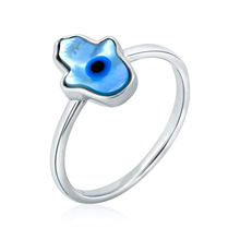 Load image into Gallery viewer, Sterling Silver Rhodium Plated Hamsa Evil Eye Mother Of Pearl Ring