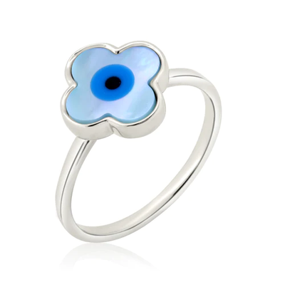 Sterling Silver Rhodium Plated Flower Eye Mother of Pearl Ring