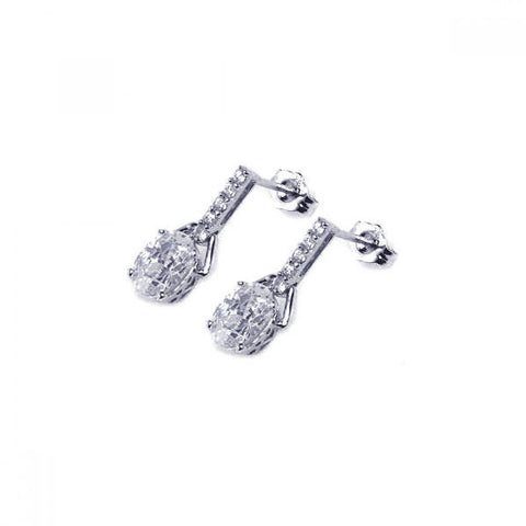 Sterling Silver Classy Micro Paved Bar with Oval Cut Clear Cz Dangle Stud Earring