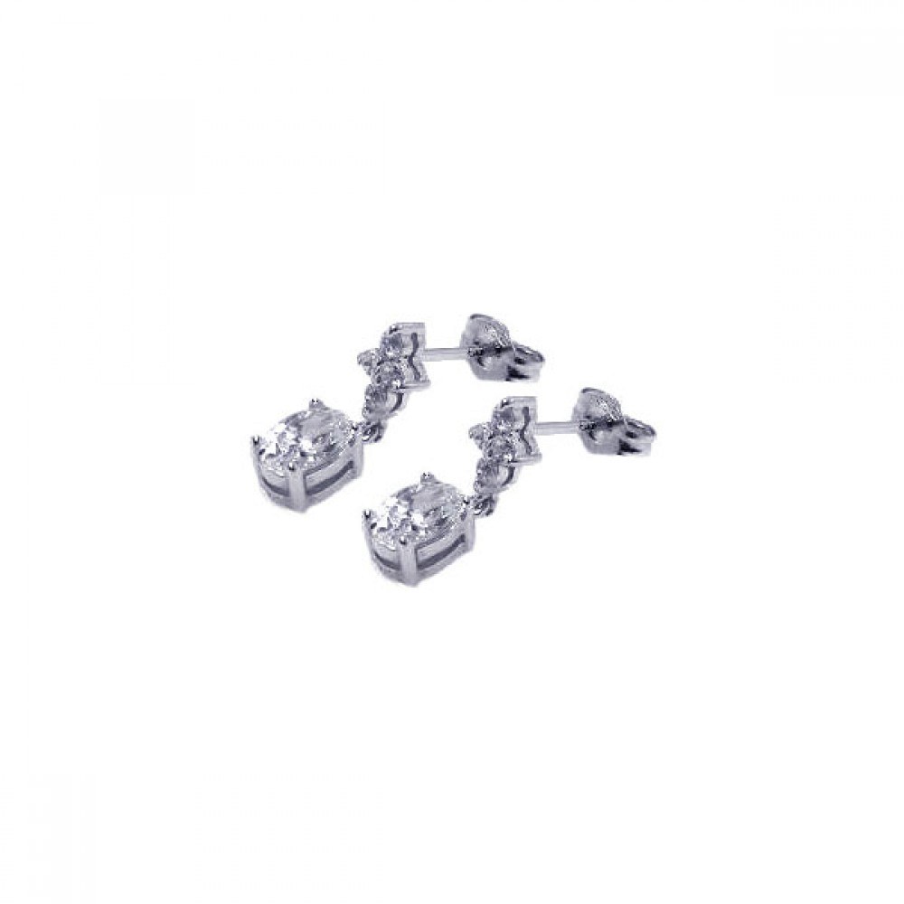 Sterling Silver Fancy Flower and Oval Cut Clear Cz on Basket Prong Setting Dangle Stud Earring