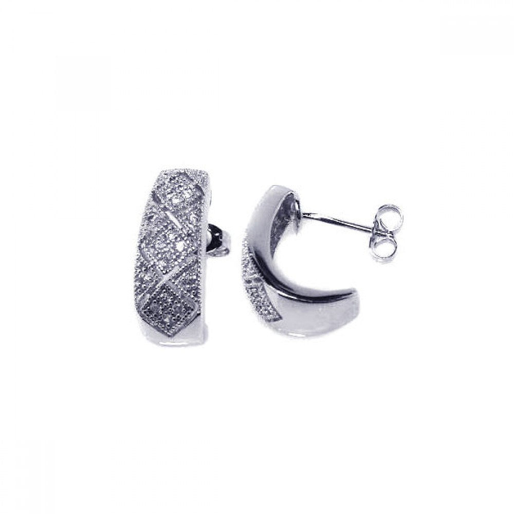 Sterling Silver Rhodium Plated Crescent Micro Pave Clear CZ  Stud Post Earring