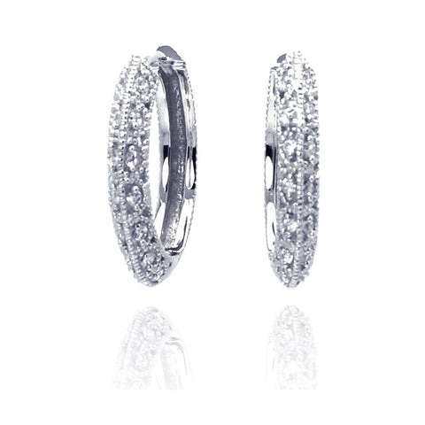 Sterling Silver Rhodium Plated Micro Pave Shape Hoop Earrings With CZ Stones