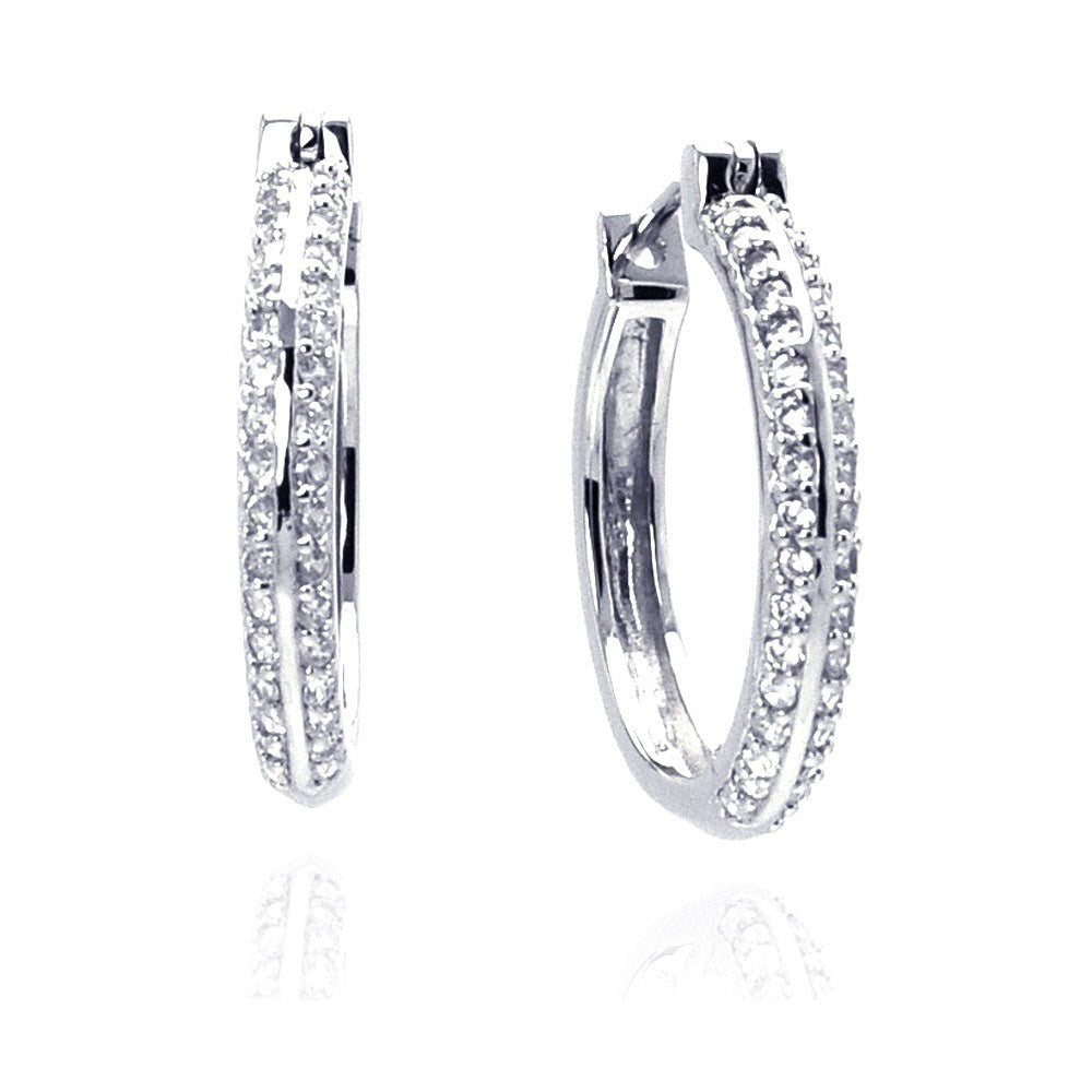 Sterling Silver Rhodium Plated Micro Pave Shape Hoop Earrings With CZ Stones