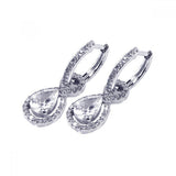 Sterling Silver Elegant Solitaire Pearshaped Cut Clear Cz with Paved Halo Setting Paved Dangle U-Leverback Earring