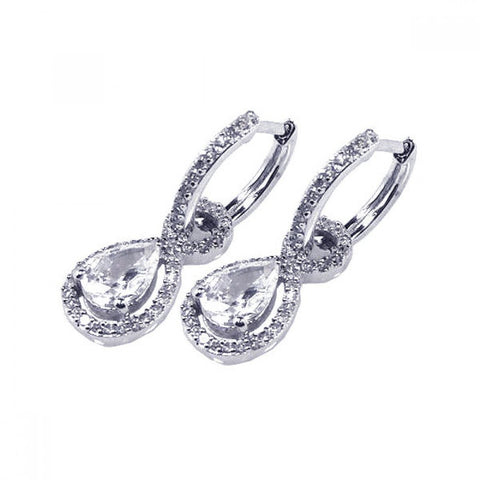 Sterling Silver Elegant Solitaire Pearshaped Cut Clear Cz with Paved Halo Setting Paved Dangle U-Leverback Earring