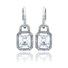 Load image into Gallery viewer, Sterling Silver Elegant Radiant Cut Clear Cz with Paved Halo Setting Paved Dangle U-Leverback Earring