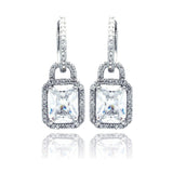 Sterling Silver Elegant Radiant Cut Clear Cz with Paved Halo Setting Paved Dangle U-Leverback Earring