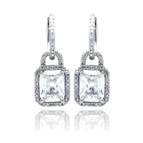 Sterling Silver Elegant Radiant Cut Clear Cz with Paved Halo Setting Paved Dangle U-Leverback Earring