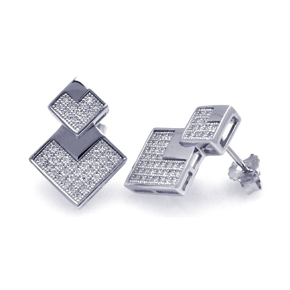 Sterling Silver Rhodium Plated Micro Pave Graduate Square Shaped Stud Earring With CZ Stones