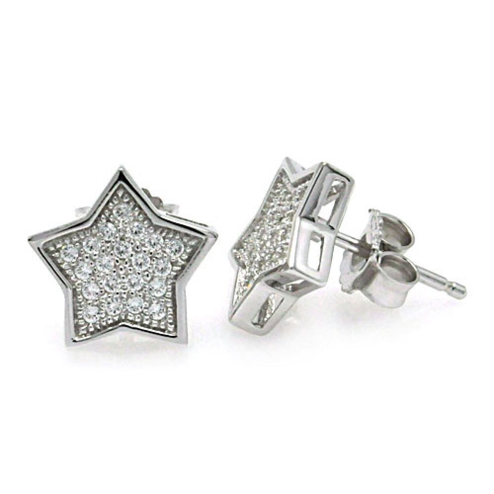 Sterling Silver Rhodium Plated Micro Pave Clear Star Shaped Stud Earring With CZ Stones