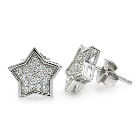 Sterling Silver Rhodium Plated Micro Pave Clear Star Shaped Stud Earring With CZ Stones