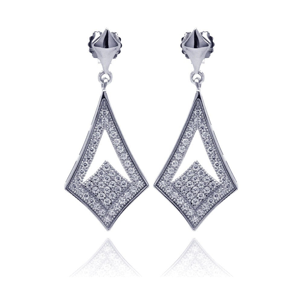 Sterling Silver Rhodium Plated Micro Pave Open Sharp Marqui Dangling Shaped Stud Earring With CZ Stones
